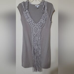 Boston Proper Small Sleeveless Taupe Knit Dress with Crochet Fringe Accent